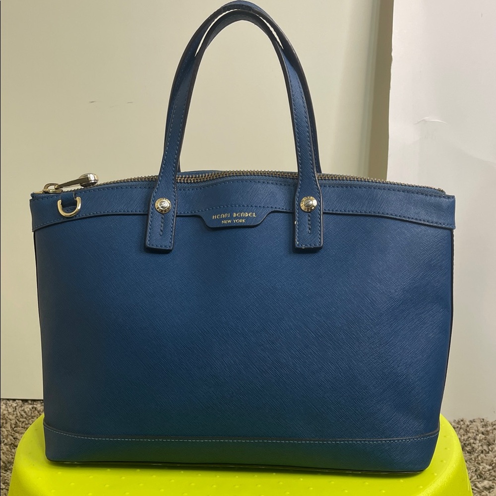 Henri Bendel West 57th Satchel in blue saffiano leather